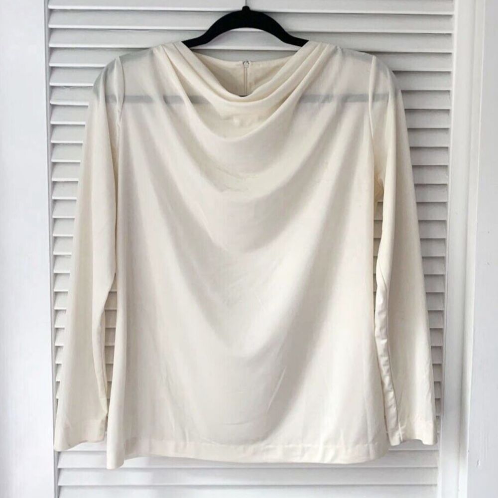 Vintage 1970s 70s Ivory Nylon Loose Draped Semi-Sheer Long Sleeve Cowl Top S M